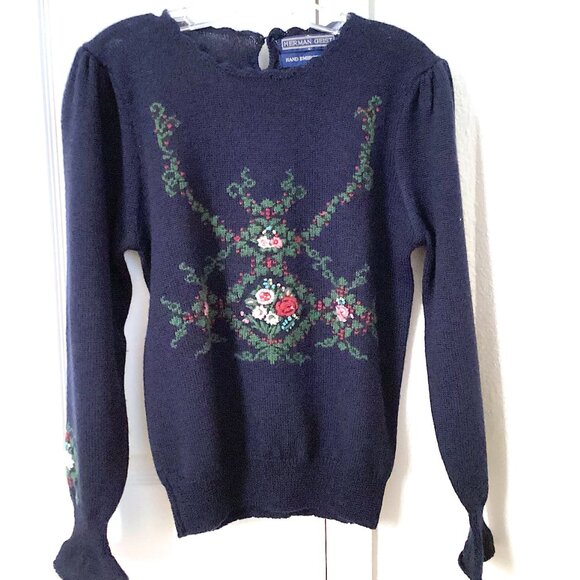 CottageCore! Vintage Wool Sweater with Floral Motif, Navy Embroidered, Small - Picture 2 of 9